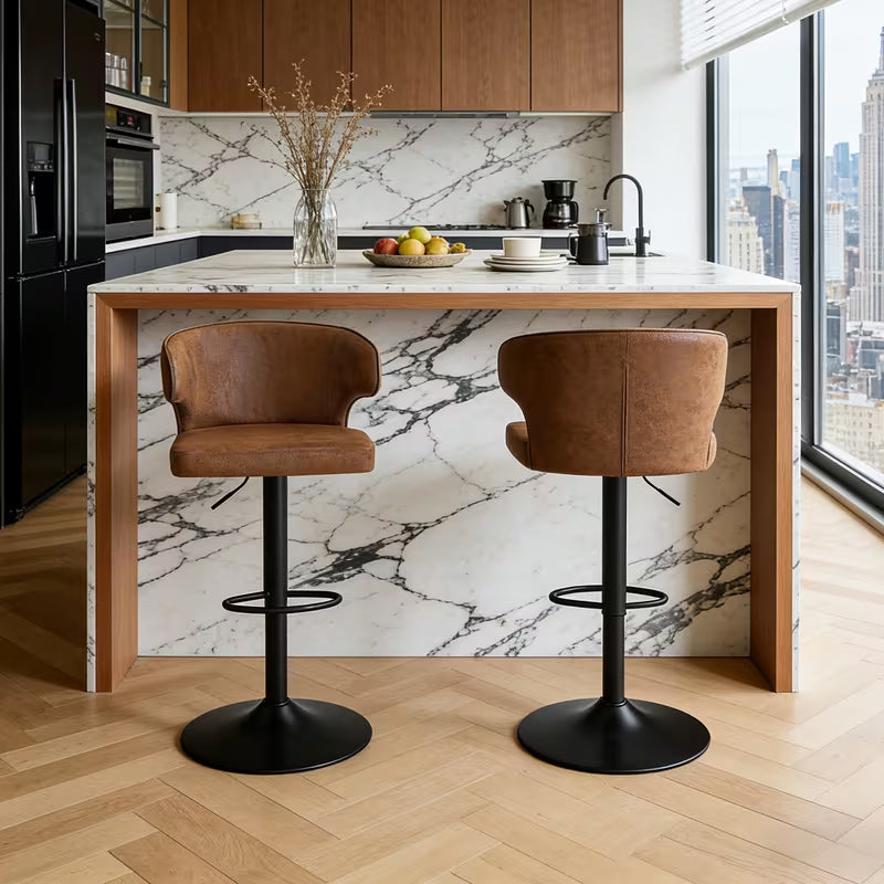 Bar Stools Set of 2 Adjustable Swivel Counter, Leather, Brown