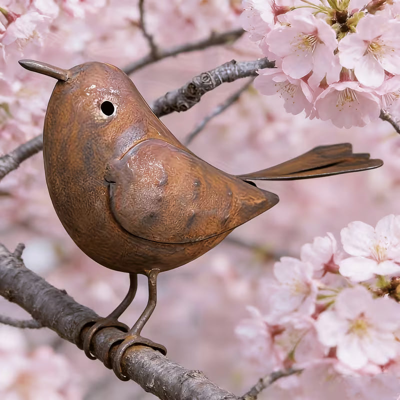Vintage Distressed Iron Bird Outdoor Statue, Rust-Textured Metal, Metal