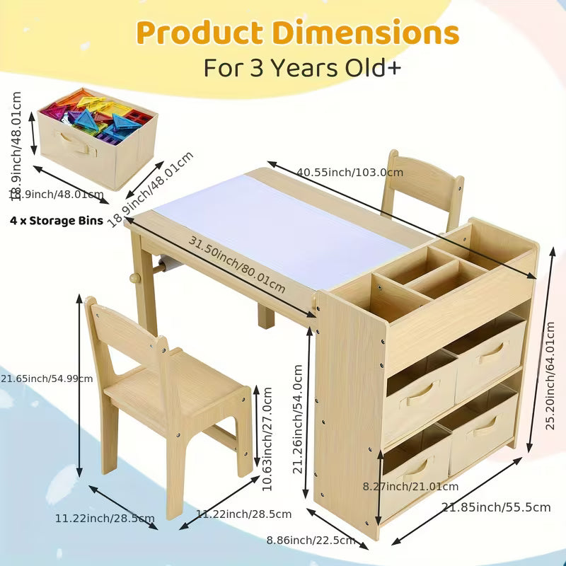 Kids Art Table and 2 Chairs Wooden