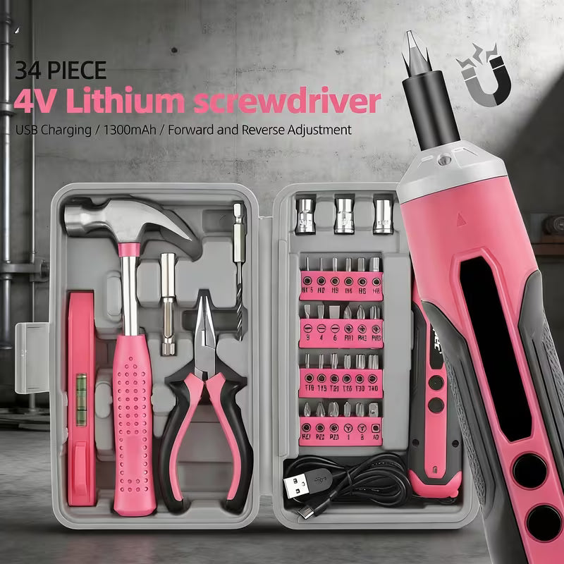 Pink Cordless Drill & Screwdriver, Women Household DIY Set, Pink
