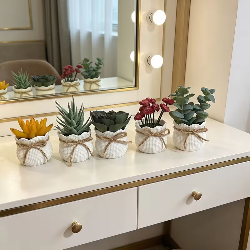 5pcs Artificial Evergreen Succulent Mini Potted Plants, Faux Ceramic Pots with Bow Ties