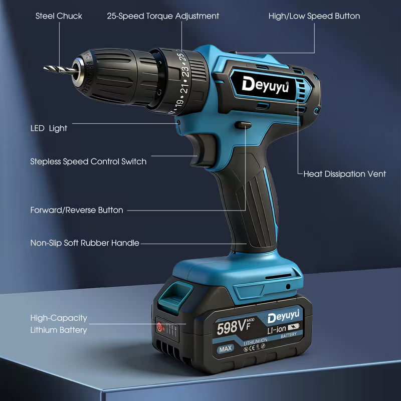Deyuyu Cordless Electric Drill, Keyless Chuck, Stepless Speed Control, Forward/reverse Function