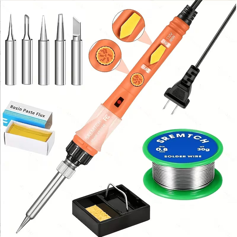 60W Electric Soldering Set with Adjustable Temperature Switch, 5 Soldering Tips, Small Holder, Wire