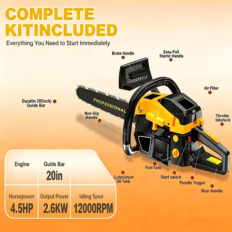 62cc 4.5HP 20Inch Gas Chainsaw 12000RPM, 2-Stroke Gasoline Powered Chainsaw Cutting Wood Gas Sawing