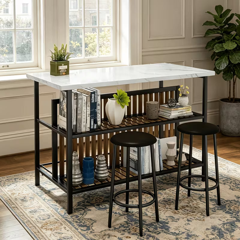 3pcs Bar Table And Stools Set with 2-Tier Open Storage Shelves