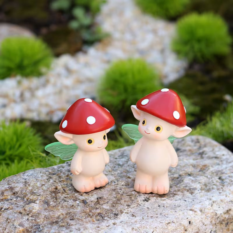 2pcs Off-White Mushroom Fairy Resin Statues
