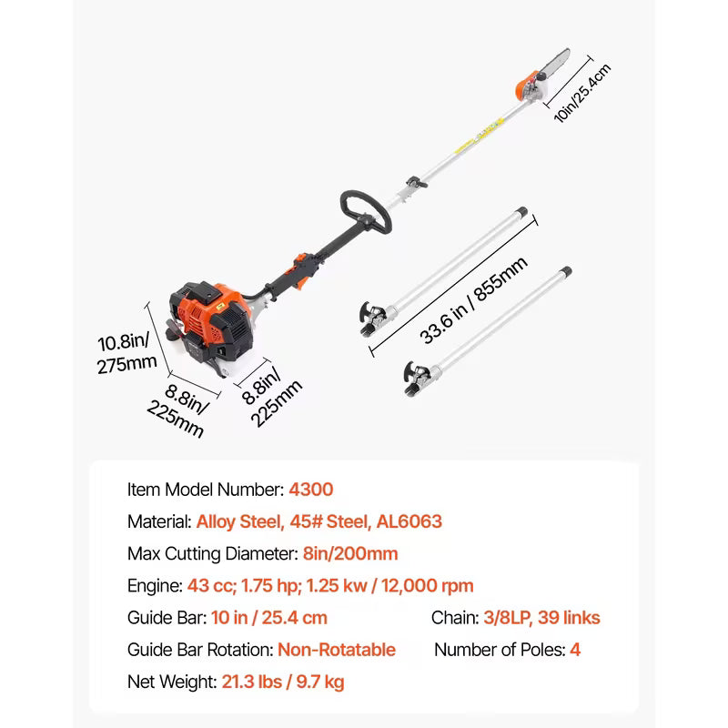 Gas Powered Pole Saw Rotatable Head 43CC 2-Stroke Tree Trimmer 10/12 12