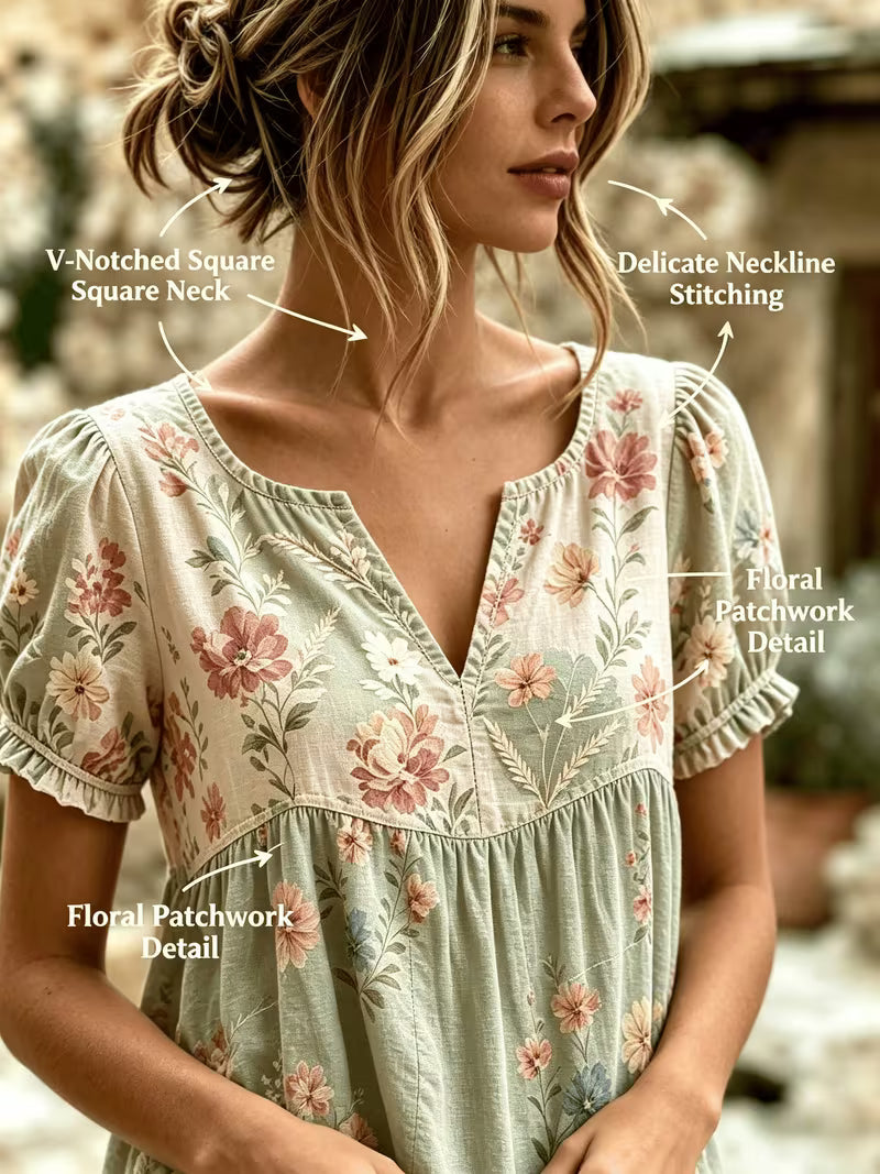 Ditsy Floral V-Neck Blouse for Women, Short Puff Sleeve Ruffle Trim, Empire Waist Loose Fit