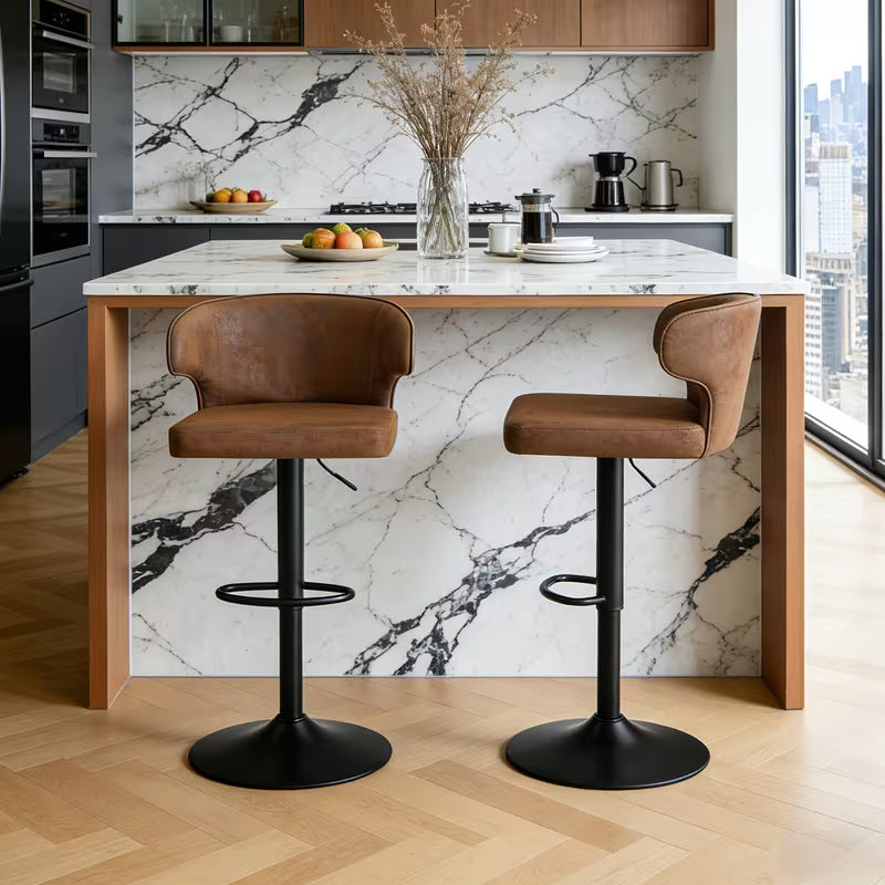 Bar Stools Set of 2 Adjustable Swivel Counter, Leather, Brown