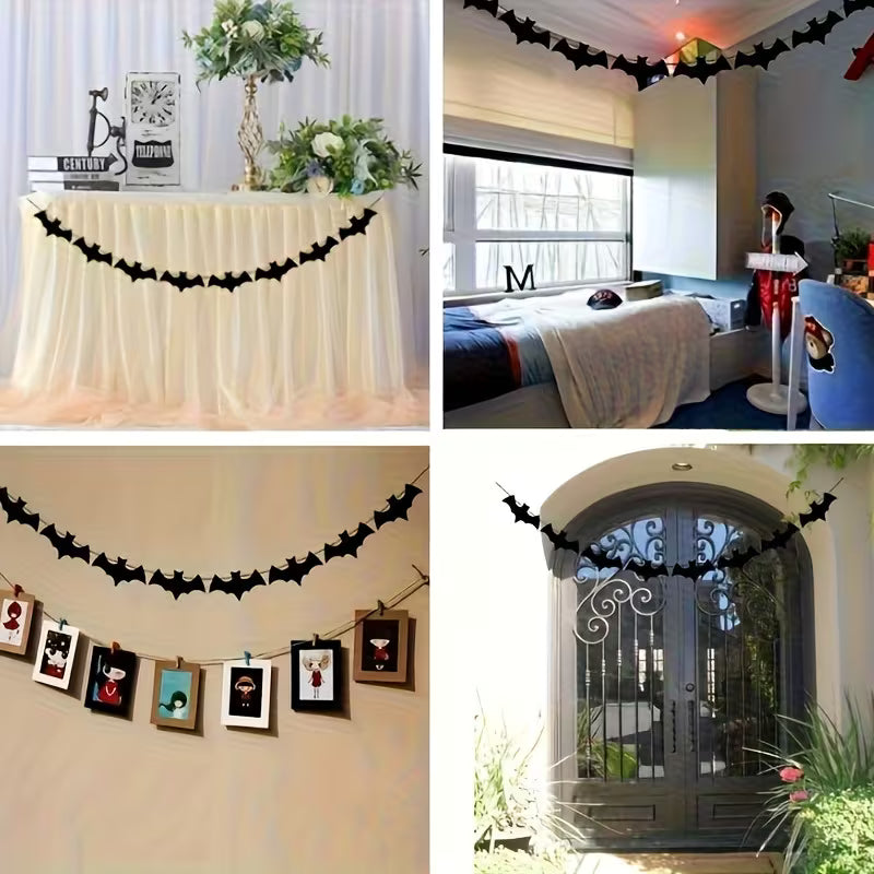 Black Shiny Bat Wreath Banner Halloween Party Decoration Hanging Ornament, Black