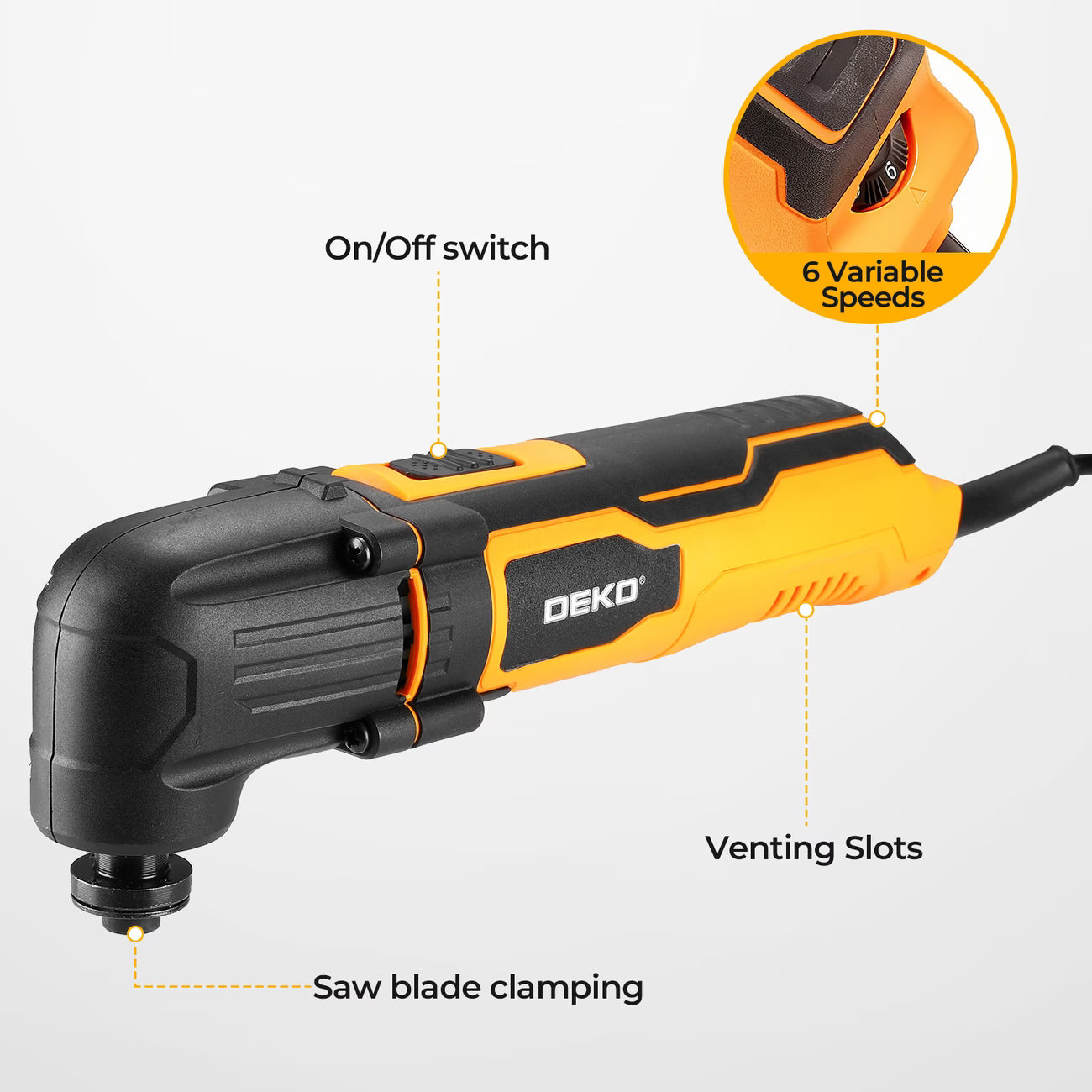 DEKO Corded Oscillating Multi-Tool, 22000 RPM 6-Speed with 10 Sandpapers