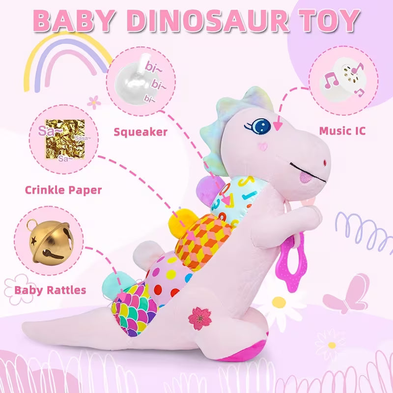Baby Musical Plush Stuffed Pink Dinosaur Toy with Texture