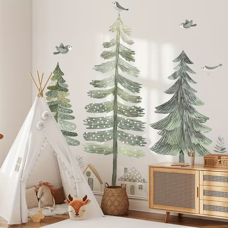 A Set of 2 Sheets (11.81*35.43inch*2pcs) Hand-Painted Pine Tree Village Bird Wall Stickers Living