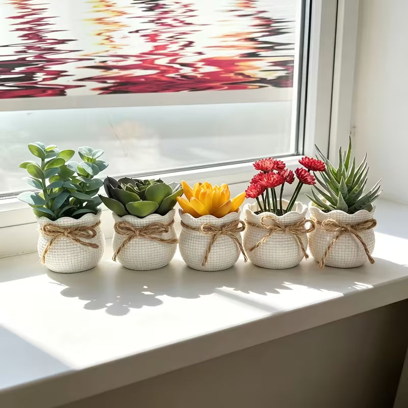 5pcs Artificial Evergreen Succulent Mini Potted Plants, Faux Ceramic Pots with Bow Ties