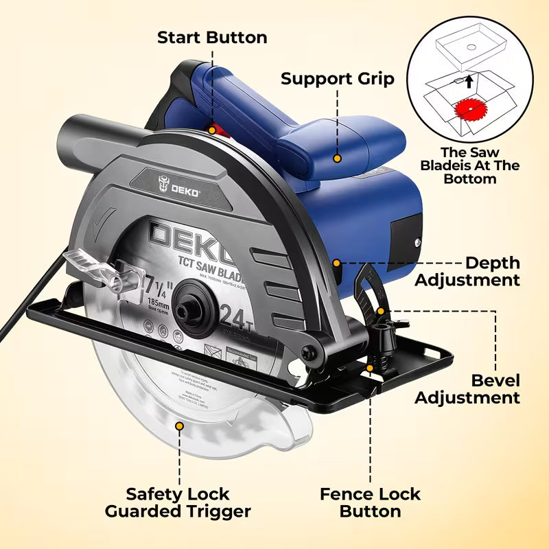 DEKO 7-1/4 Inch Corded Circular Saw, 10Amp 1200W Electric Saw with 5500RPM & 24T TCT Blade