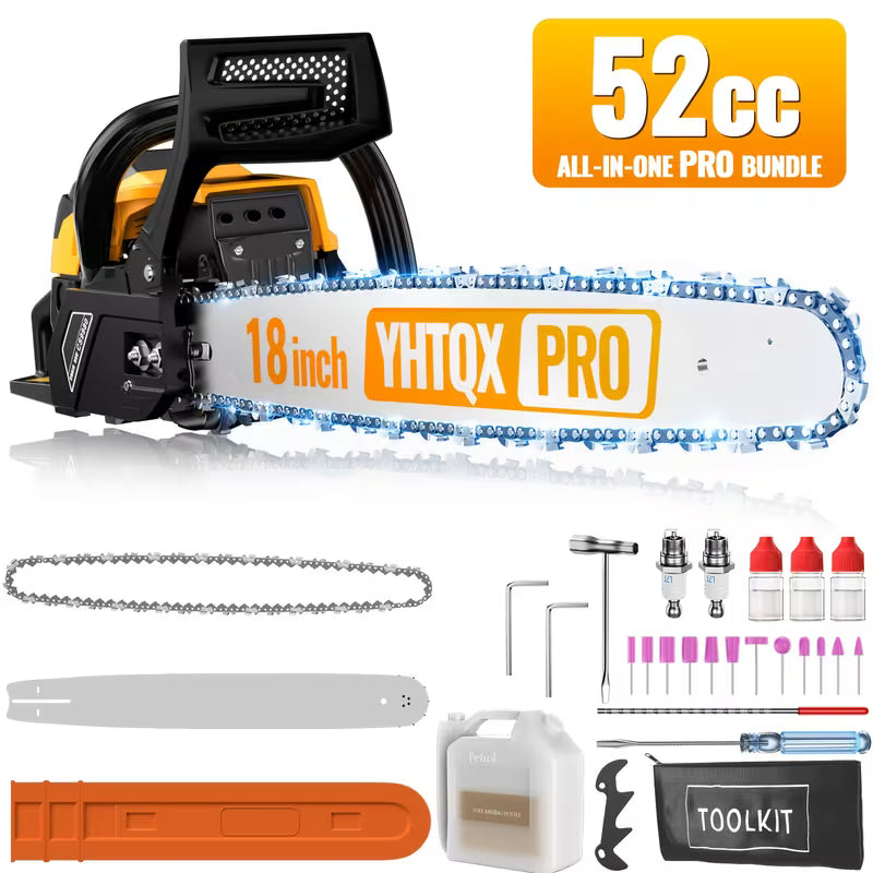 62cc Professional Gas Powered Chainsaw, 2-Stroke Gasoline Chain Saw with 3 Extra Chains