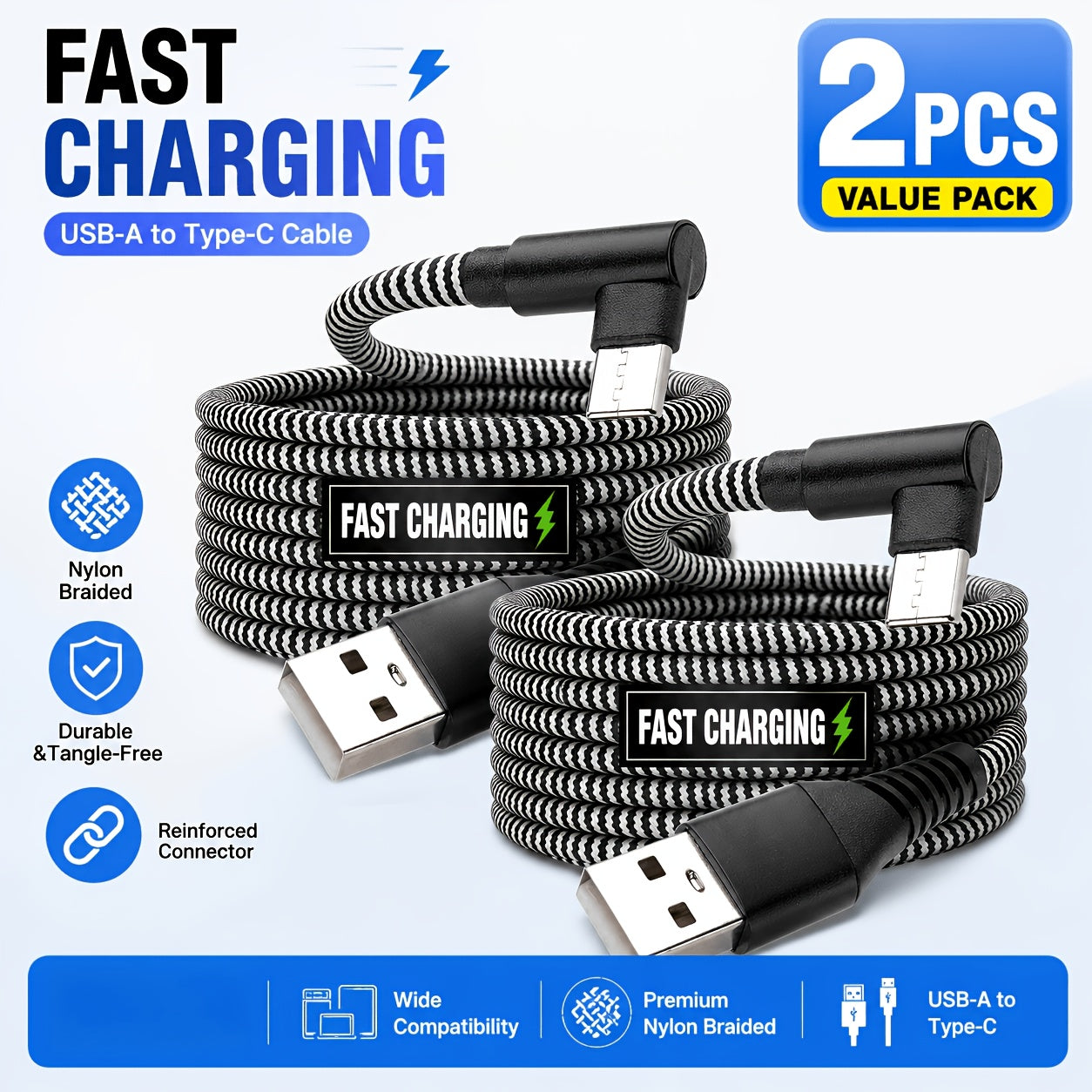 Set Type-C Fast Charging Charger, USB to 90° USB-C Premium, Black