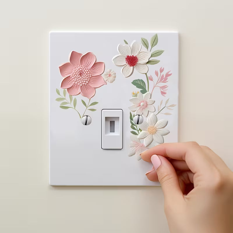 2D Flat Relief Pink White Floral Switch Wall Set, White