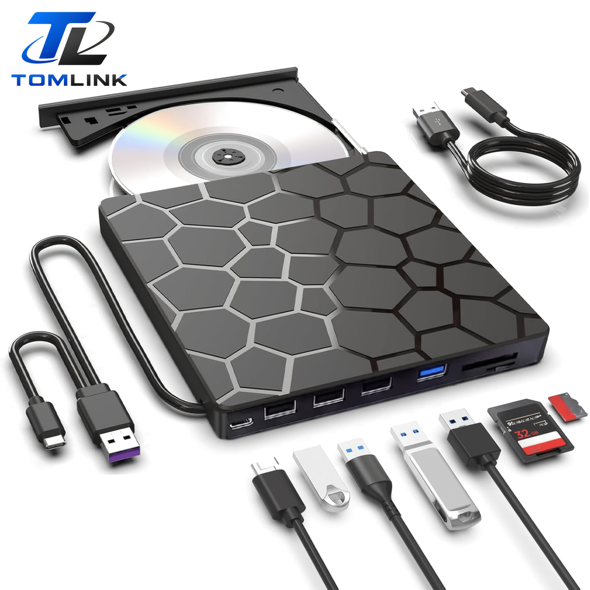 8-In-1 External CD/DVD Optical Drive Built with USB 3.0 and Type-C Hub
