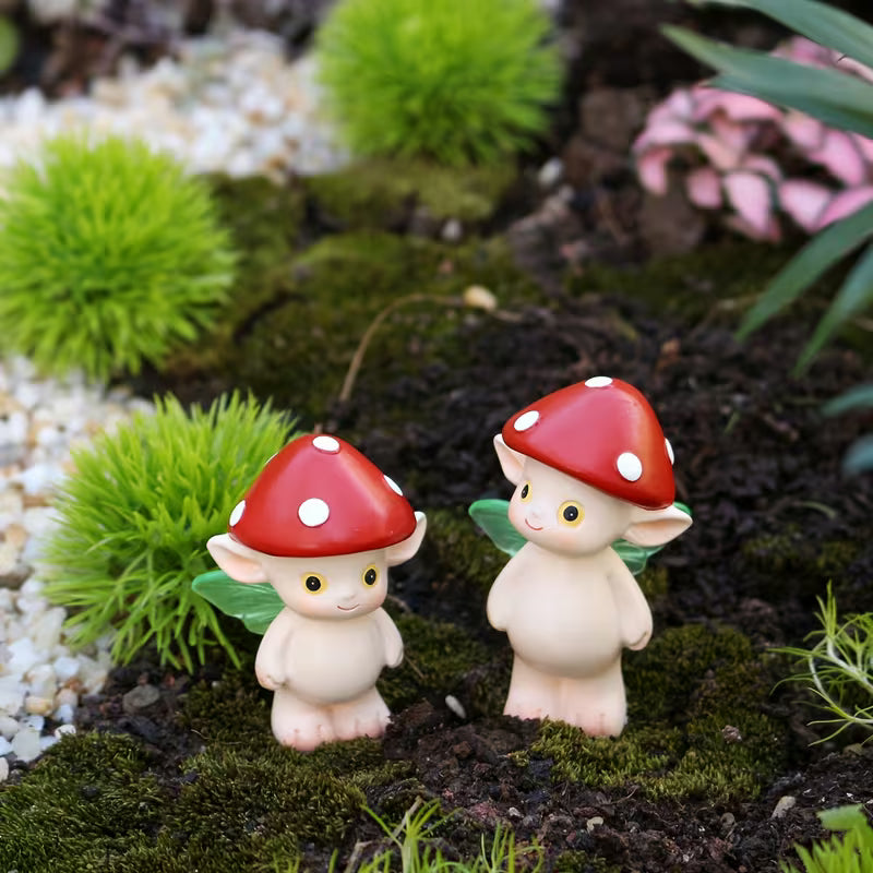 Off-White Mushroom Fairy Resin Statues - Magical Garden Set, Resin, White