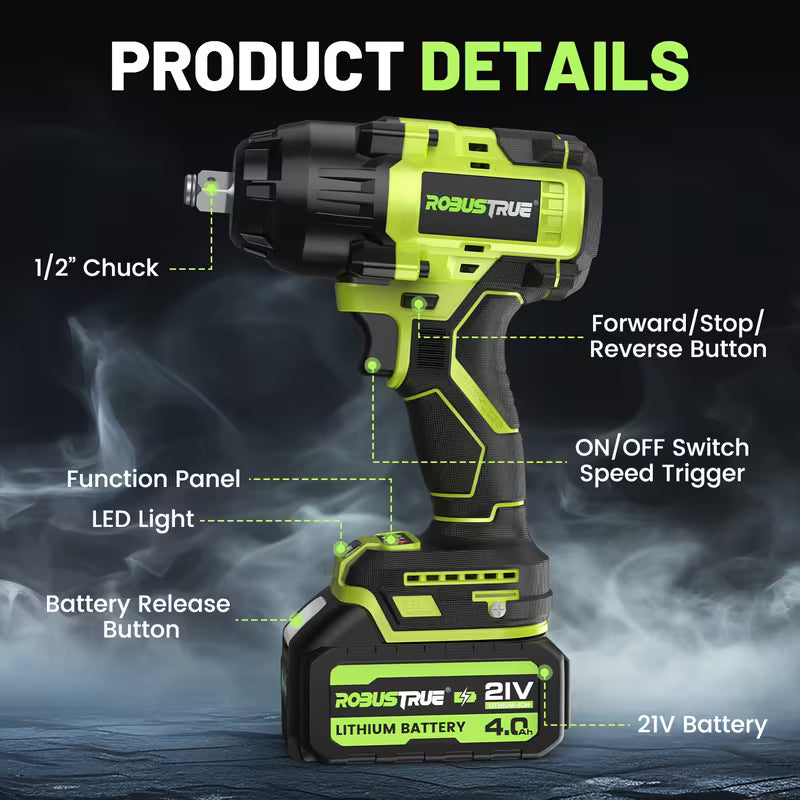 Robustrue 1000N.m(740ft-lbs) Brushless Cordless Impact Wrench Set