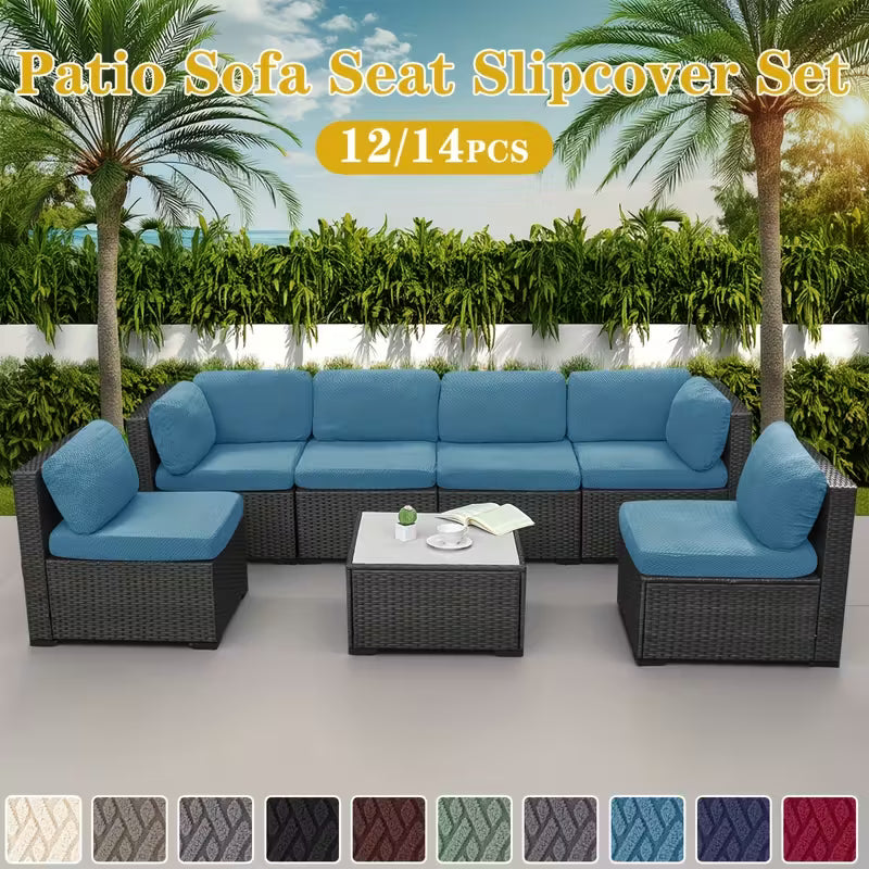 12/14pcs T-Type Jacquard Outdoor Sofa Cushion Cover Set, Backrest Cover + Seat Cushion Cover