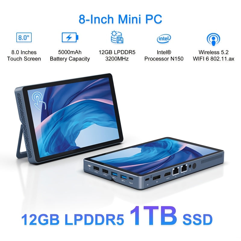 KOOSMILE 8-Inch Touchscreen Mini PC, Intel N150 Quad-Core 3.6Ghz, 12GB