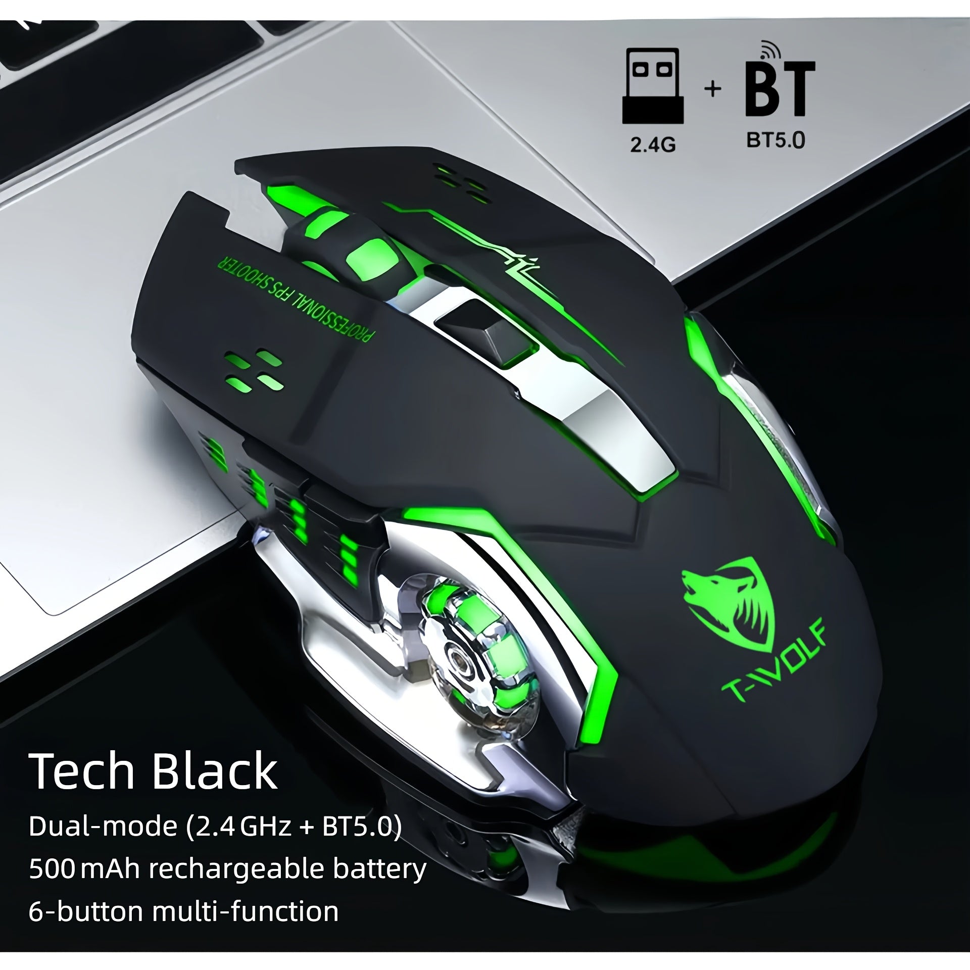RGB Wireless Gaming Mouse - T-WOLF Rechargeable BT5.0 + 2.4G