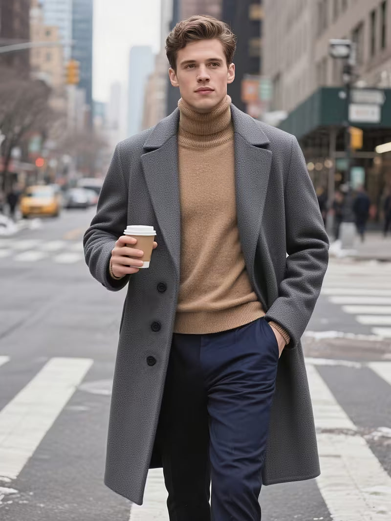 Men's Trench Coat with Notched Lapel, Single-Breasted, Winter Warm Business Long Coat