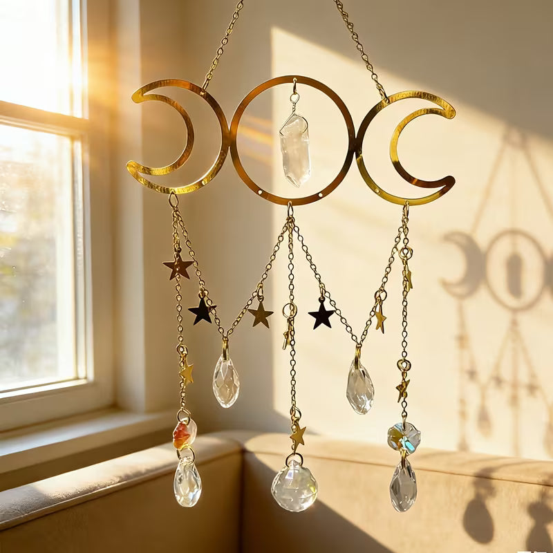 1pc Elegant Crystal Wind Chime with Dreamcatcher, Bohemian Style with Moon, Stars, and Crystal