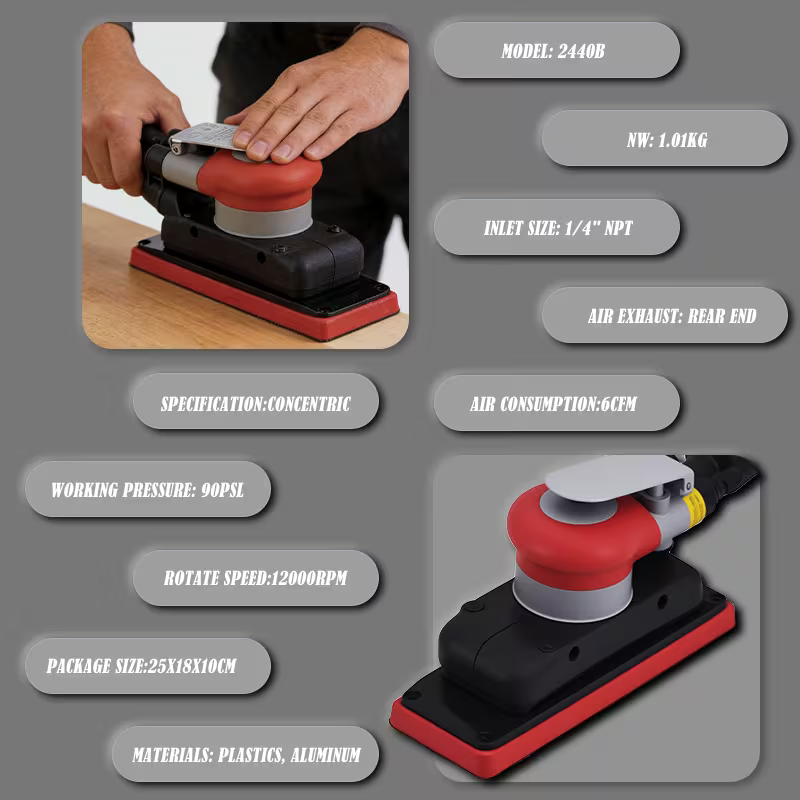 Pneumatic Random Orbital Sander 12000RPM Rectangular Vacuuming Professional Car Body Repair Primer