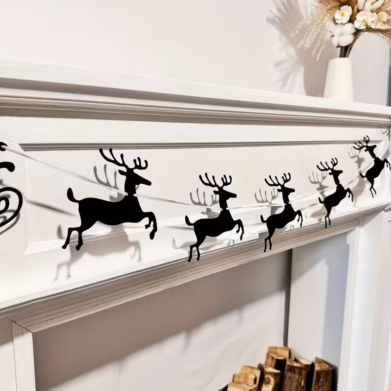 Black Felt Classic Christmas Reindeer & Santa Sleigh Garland