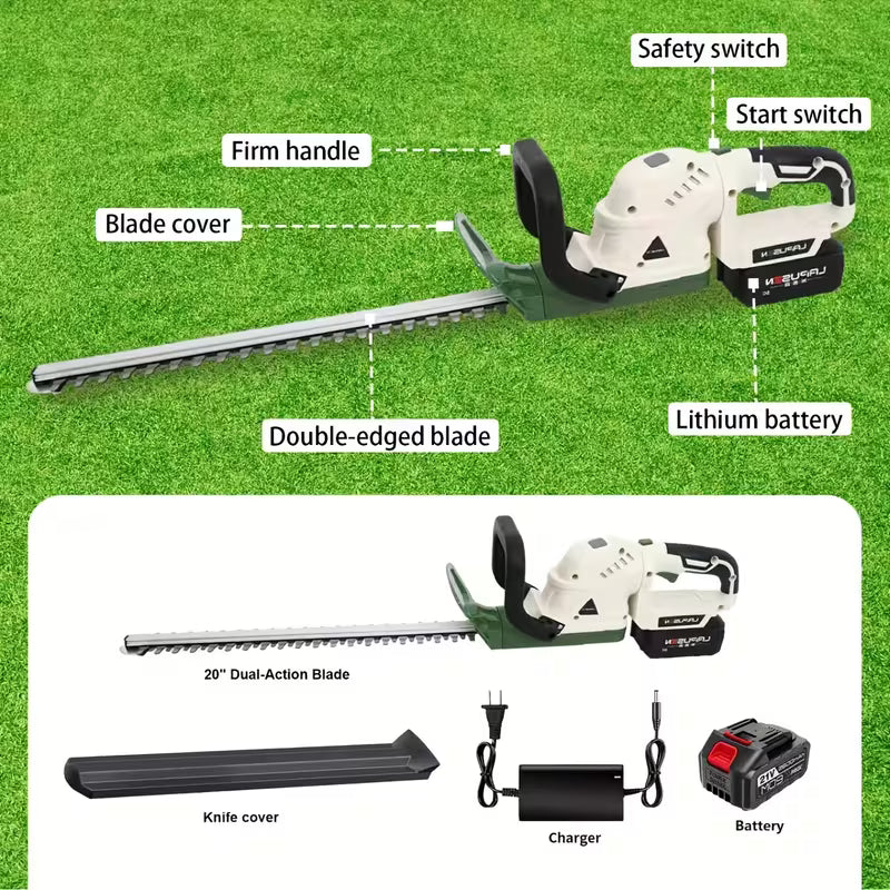 21V Cordless Electric Hedge Trimmer & Bush with 20-Inch Dual-Action Steel Blade