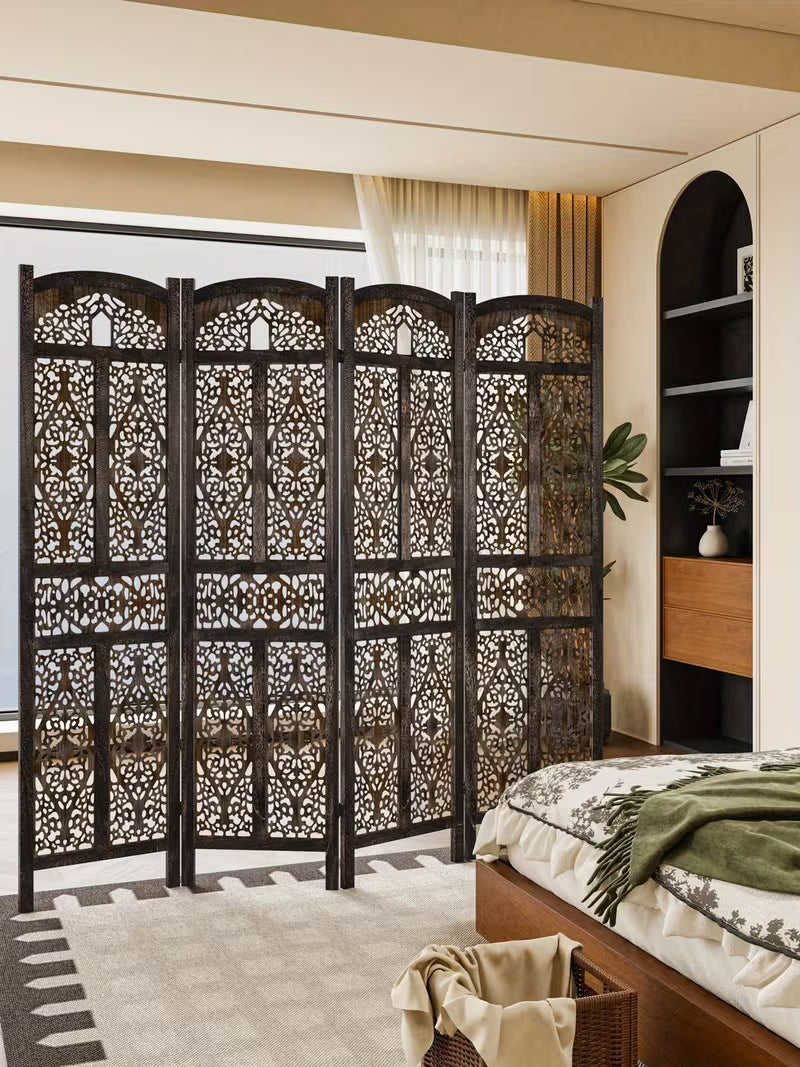 4-Panel Solid Room Divider Screen - 62" Freestanding Folding Privacy Partition with Walnut