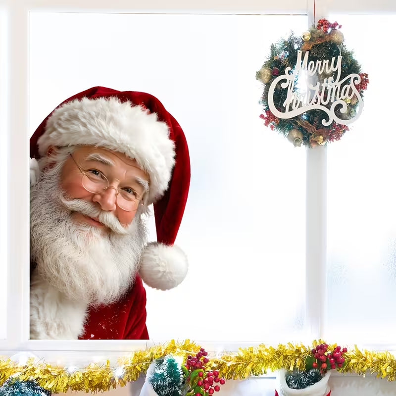 2D Flat - 2D Flat Realistic Peeking Santa Claus Print, Christmas Static Clings Window Sticker