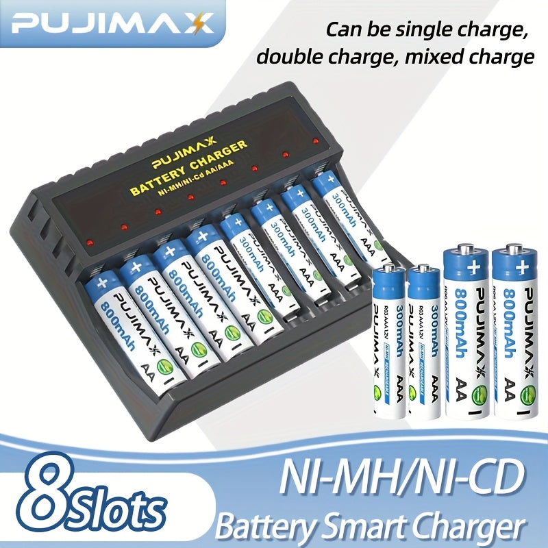 PUJIMAX 8-Slot Battery Smart Charger, Independent LED Indicator - USB