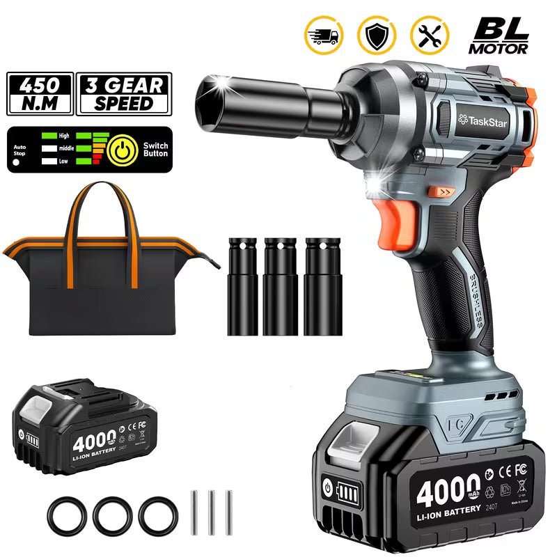 Taskstar 450Nm Cordless Impact Wrench, Includes 4.0Ah Battery And Quick Charger