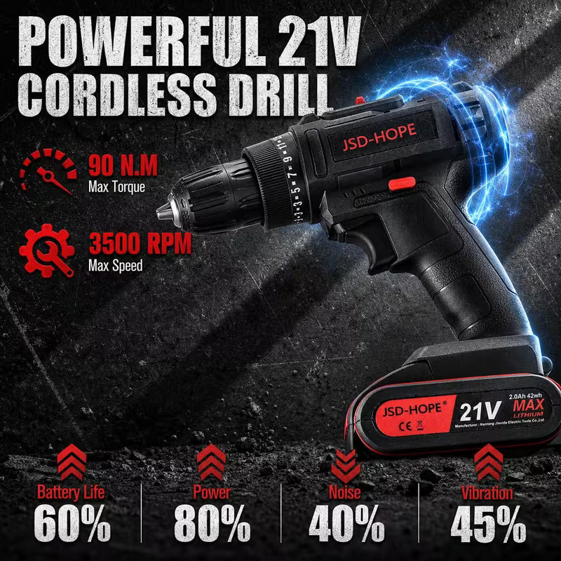 21V Cordless Drill Set, 90Nm High Torque 2-Speed Lithium Drill with 18+1 Torque Settings