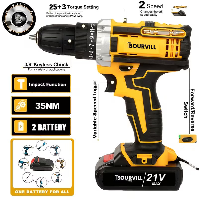 BOURVILL 21V Cordless Impact Drill Set, Wireless Drill Set, Household Power Tool Set