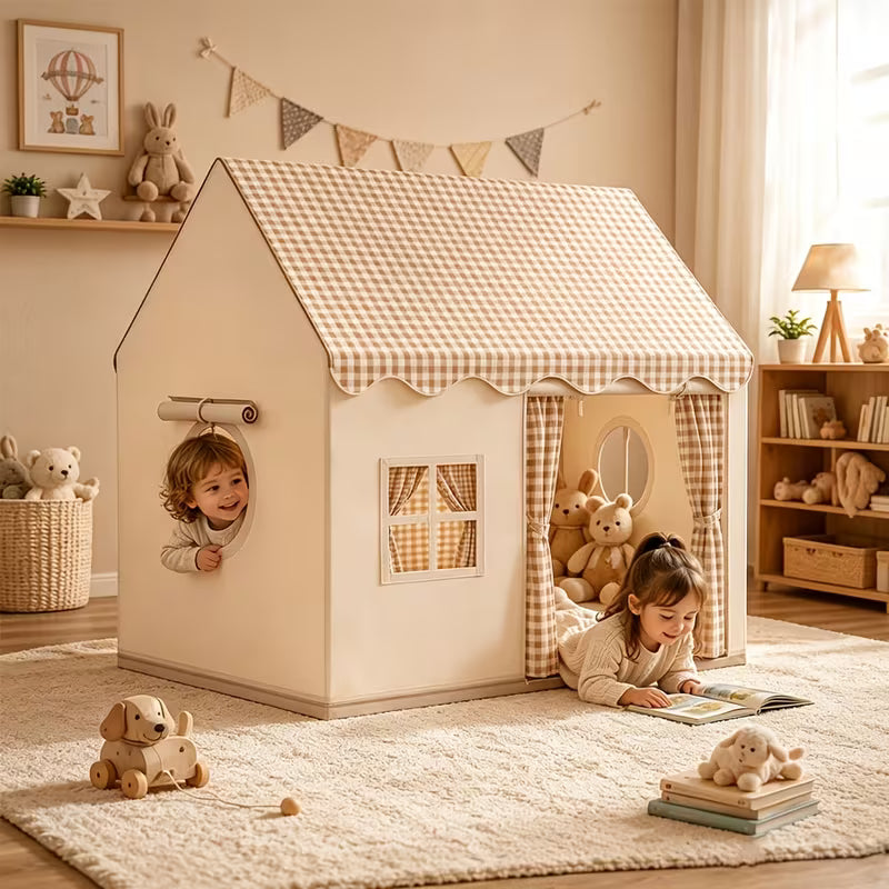 Cream Plaid Kids Play House Tent