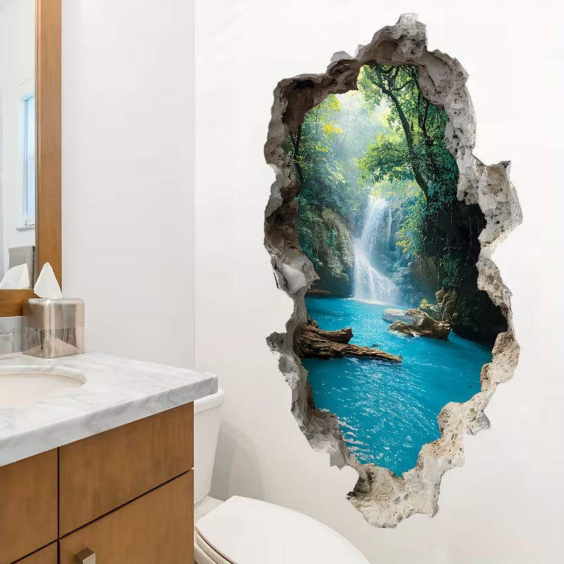 Creative Ripped Valley Waterfall Scenery Wall Decal, Landscape Wall Sticker - Removable Glossy