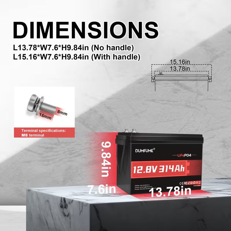 12V 314AH LiFePO4 Self Heating Batteries, Built-in 200BMS, 10000+deep Cycle