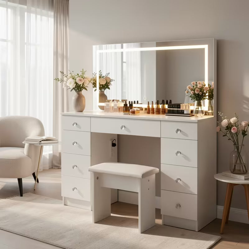 43" Makeup Vanity Desk Set Featuring a Power Outlet, Illuminated Mirror, Stool, And 9 Drawers