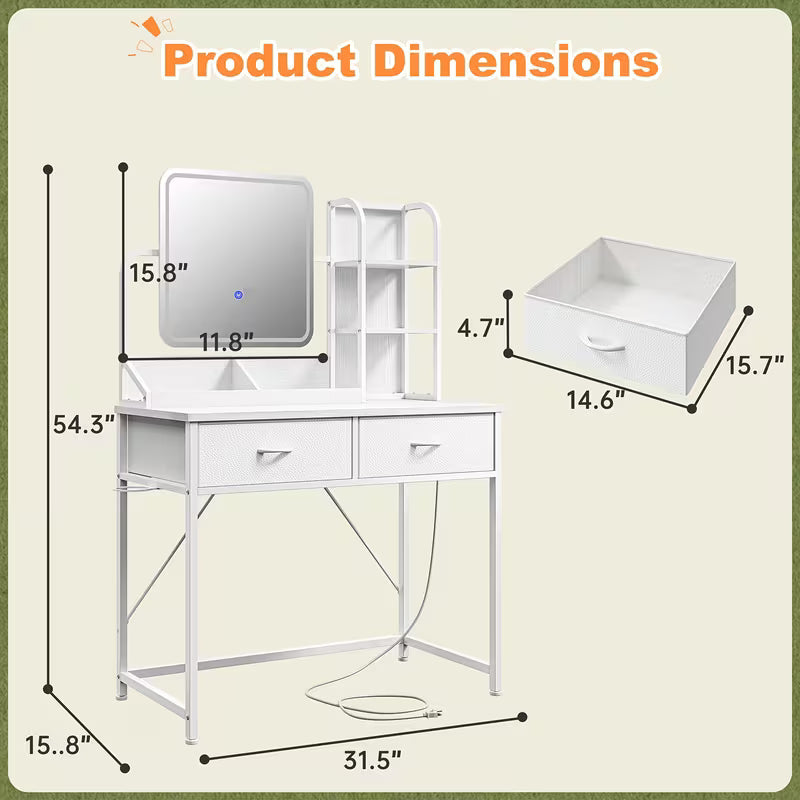 Vanity Desk with Lights, Makeup Vanity with Power Strip, Dressing Table Set with 5 Large Drawers