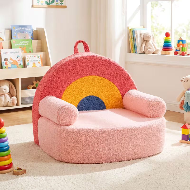 Kids Couch, Foam Sofa with Soft & Machine-Washable Teddy Fleece Cover, Non-Slip Base, Handle