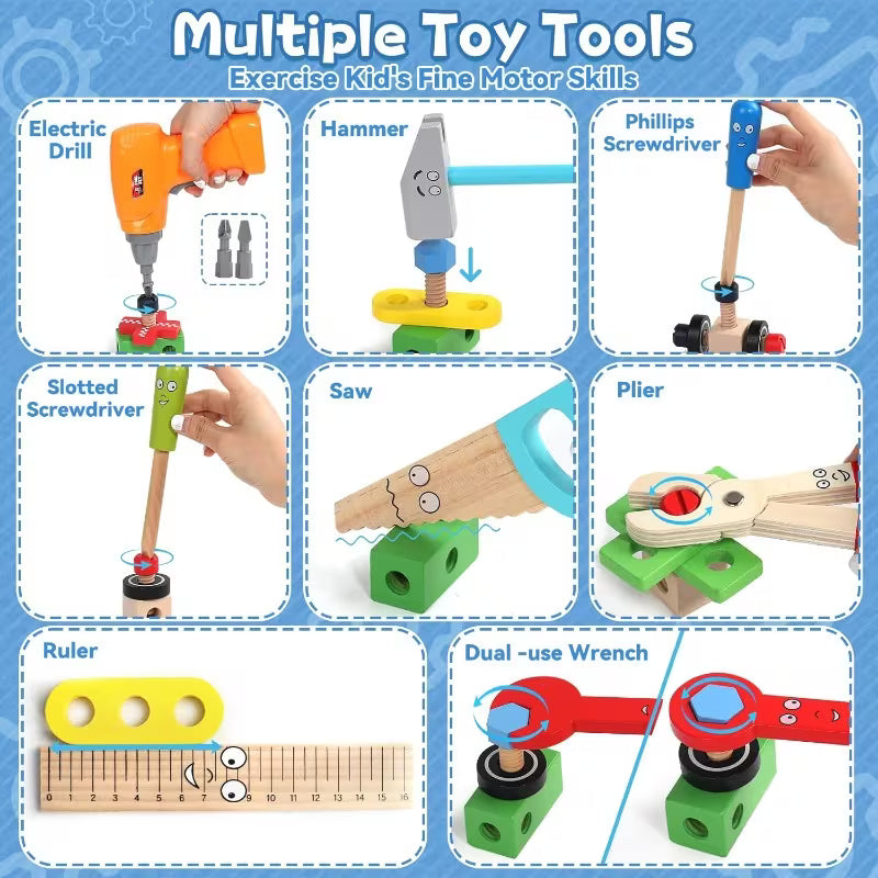 44-Piece Wooden Kids Tool Set with Electric Drill