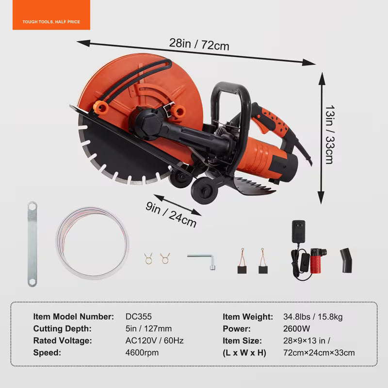 VEVOR Electric Concrete Saw, 14 in Circular Saw Cutter with 5 in Cutting Depth