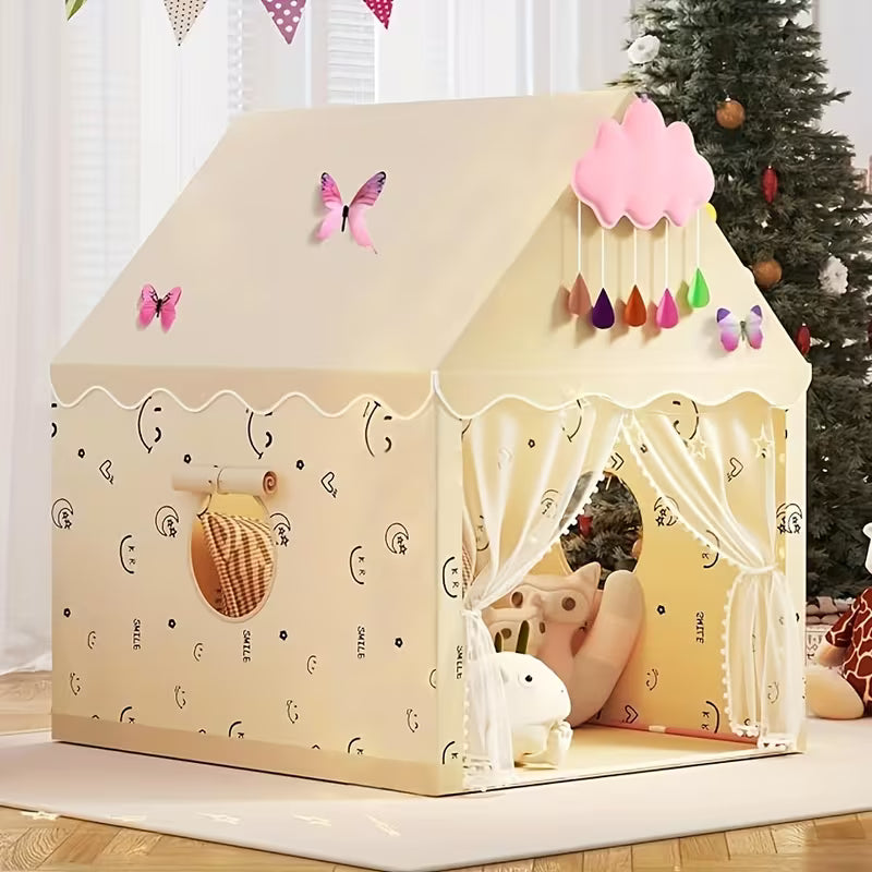 Smiling Face Pink Beige Tent with Clouds and Butterflies