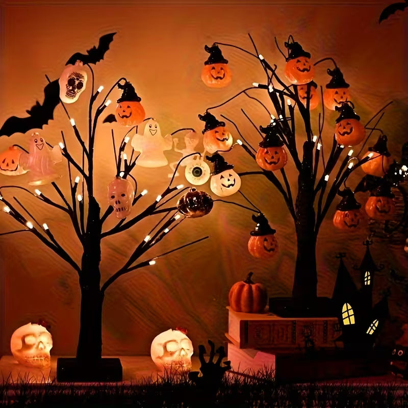 2pcs, Black Halloween Tree for Desktop Lighting, Orange LED Ghost Tree with Halloween Decorations