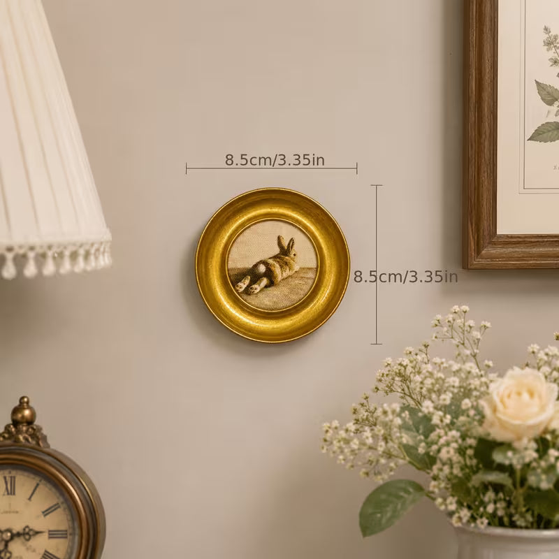 Vintage Bunny Round Wall Decor, Victorian Golden Retro Art Photo Frame Ornament
